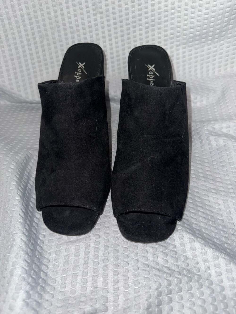 Xappeal Black Faux Suede Peep Toe Block Heel Mules